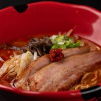 Tonkotsu Spicy Ramen · Pork broth: pork chashu, spicy bean sprouts, kikurage, green onion, spicy sauce and served w...