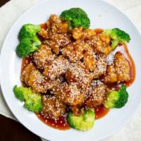 Walnut Prawns / Sesame Chicken · Two dishes in one, walnut shrimp and house famous sesame chicken with broccoli.