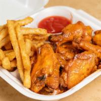Chicken Wings · Marinated with Lemon and creole seasoning. Mild, Med, Hot, Honey Barbecue, Pepper or Sweet C...