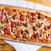 Meat Ppole · Tomato sauce, mozzarella cheese, sausage, pepperoni, meatballs, ham and ranch sauce.