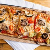 Veggie Ppole · Chia dough, tomato sauce, mozzarella cheese, sweet peppers, roasted onions, mushrooms, fresh...