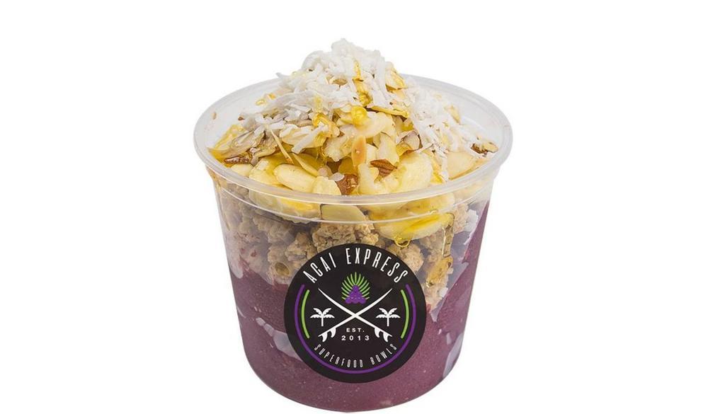 Cocoa Beach Bowl Regular · Açaí blended with coconut milk, banana, strawberries, and peanut butter. Topped with granola, banana, raw almond slices, coconut flakes and honey.