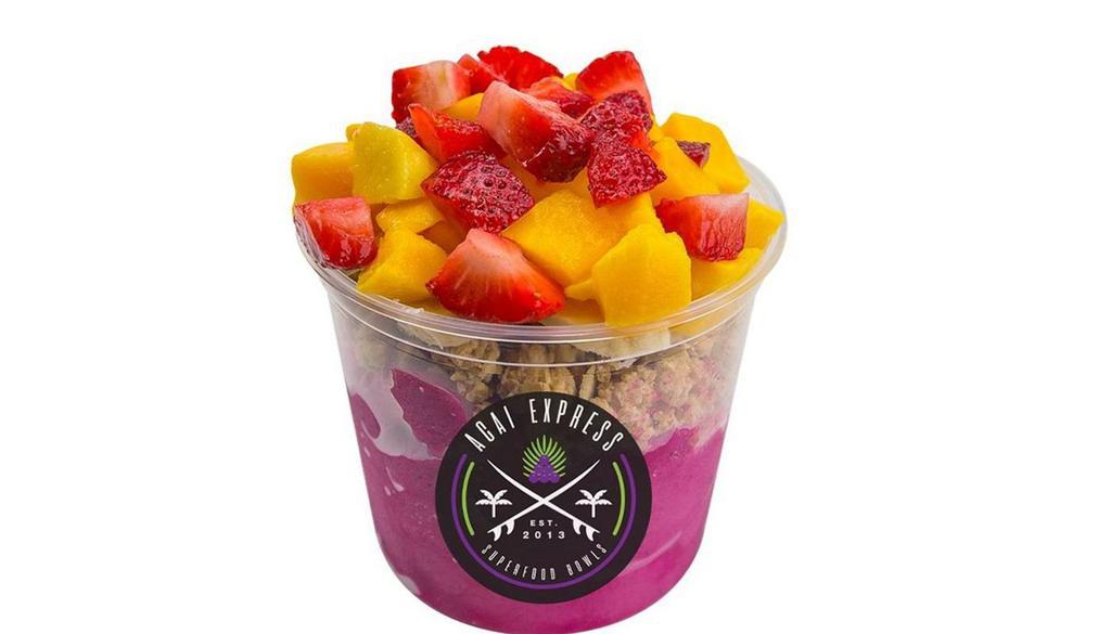 Pink Dragon Bowl Regular · Pitaya blended with apple juice, banana and strawberries. Topped with granola, banana, mango, strawberries and honey.