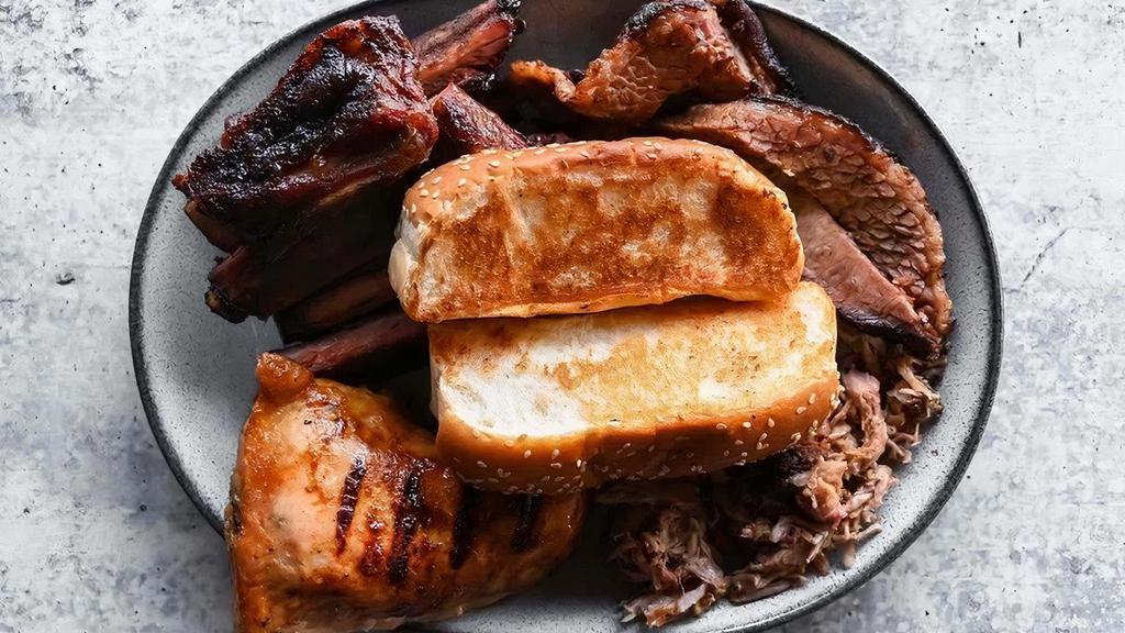 Judge'S Sampler · Enough for two! A quarter chicken, half slab of ribs, pulled pork, beef brisket, two sides, two pieces of cornbread, and Texas toast
