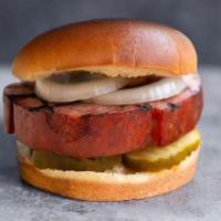 Smoked Bologna Sandwich · Smoked and grilled thick-cut bologna, with yellow mustard, crisp onion, and pickles on a but...
