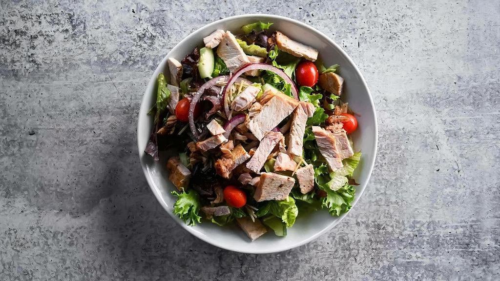 Smokehouse Salad · Spring mix, cucumbers, tomatoes, cheese, onions,  and your choice of smoked turkey, chicken breast, or pulled pork (upgrade to brisket for an additional fee, also available without meat)