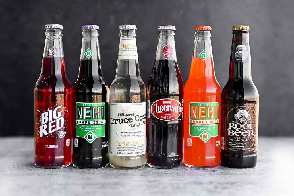 Mixed 6-Pack Premium Bottled Soda · Two bottles each of root beer, Nehi Orange, and Cheerwine