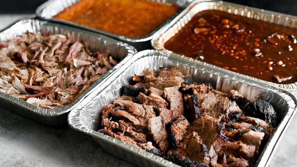 Feeds 20-24 · Your choice of two meats (four pounds each) and two sides (one pan each), buns, and sauce (and we'll throw in plates, napkins, and utensils if you need 'em)