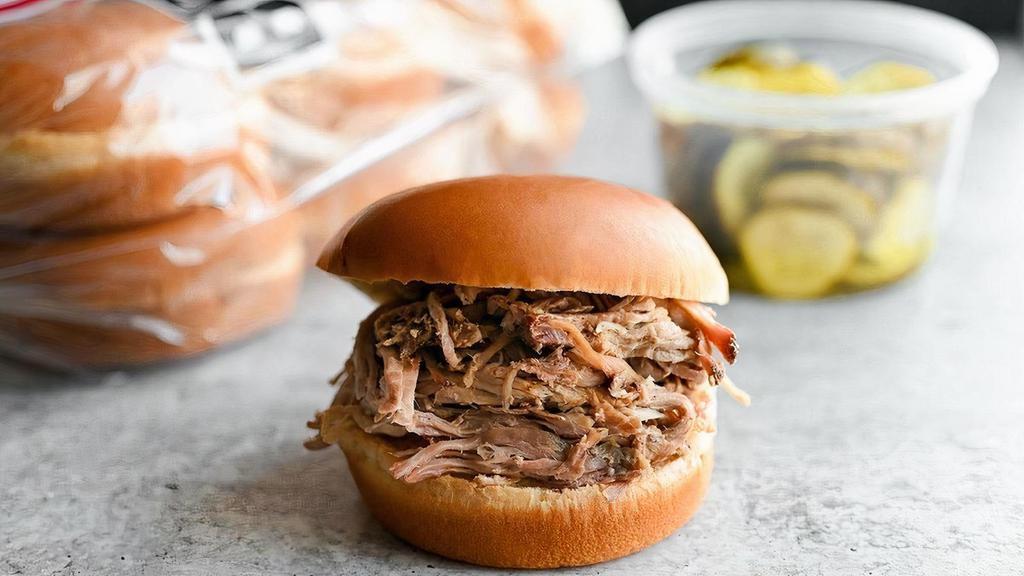 Pulled Pork Sandwich Pack · Makes 12 quarter-pound pork sandwiches and comes with pickles, buns, and sauce
