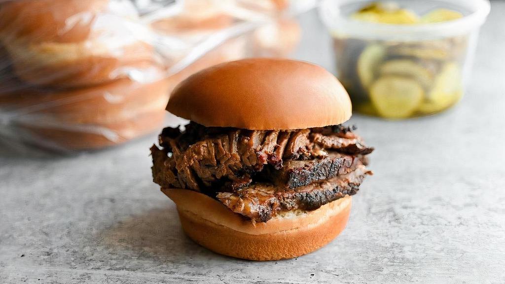 Beef Brisket Sandwich Pack · Makes 12 quarter-pound brisket sandwiches and comes with pickles, buns, and sauce