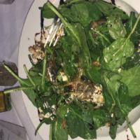 Spinash Salad · baby spinach, portobello mushrooms, goat cheese, walnuts,
caramelized onion with house vinai...
