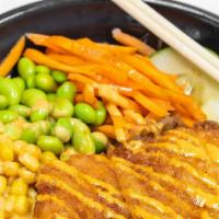 Chicken Katsu Bowl · Chicken katsu bowl comes with your choice of rice, jap chae noodles, cucumber, edamame, carr...