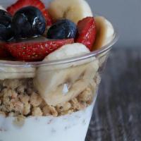 Yogurt Parfait · Greek yogurt, granola, seasonal fruits and honey drizzle.