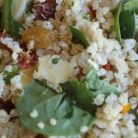 Power Mediterranean Quinoa Salad · Quinoa, Greek olives, sliced almonds, sun-dried tomato, chopped spinach, raisins and herb dr...
