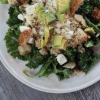 Greek Kale Salad · Kale, avocado, quinoa, feta cheese, sliced almonds, Zak the baker croutons, homemade mustard...