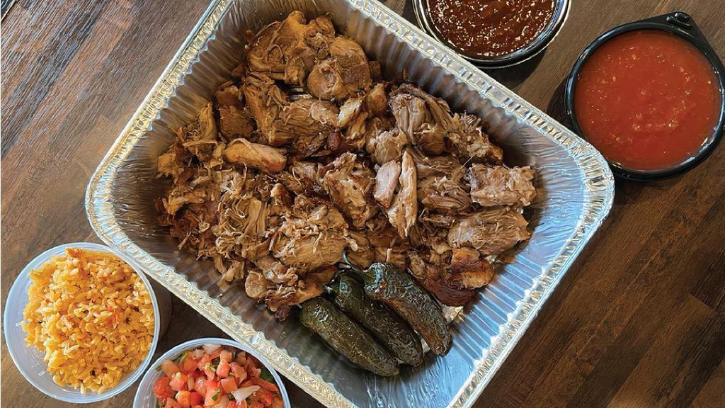 Carnitas Family Meal · Tender pieces of deep fried pork, the carnitas Family Meal Includes large Mexican Rice, large Refried Beans, Pico de Gallo, large Infierno salsa, corn or flour tortillas, Chips and Salsa  / Feed 4 to 6 people