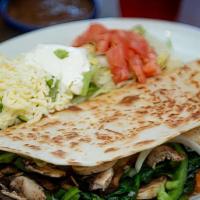 Spinach Quesadilla · Cheese, grilled onions, bell peppers, mushrooms, spinach, tomatoes.
