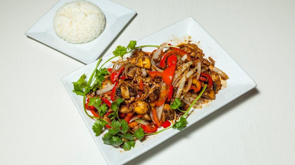Spicy Lemongrass Chicken · Served with lemongrass bell peppers, mushrooms, onions and served with steamed jasmine rice.