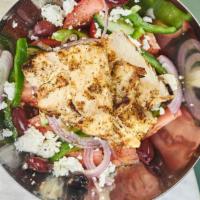 Greek Salad With Grilled Chicken · Tomatoes, cucumber, green peppers, red onions, kalamata olives, feta cheese, and olive oil.