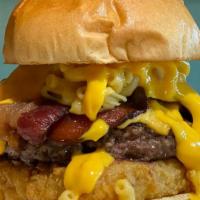 Ironman Burger · Spicy mayo, fried mac n cheese, burger patty, mac n cheese