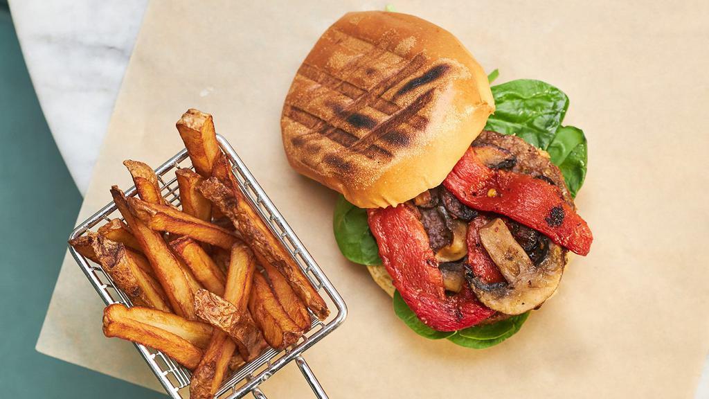 Beyond Burger · Vegan. Vegan option. Beyond Meat burger, spicy mayo, mushrooms and red roasted peppers.