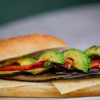 Avocado Veggie Sandwich · Sliced avocado, Pepper Jack cheese, roasted peppers, roasted eggplant and roasted zucchini.