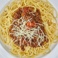 Spaghetti Bolognese · Al dente spaghetti with our signature Angus meat sauce and Parmesan.