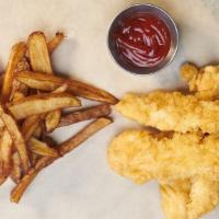 Chicken Tenders With Fries · Three fresh baked chicken tenders with a side of fries.
