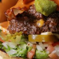 Tex-Burger · 6 ounces of Meats Stuffed with American cheese. Along with lettuce, avocado, pico de gallo, ...