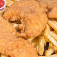 Chicken Tenders With Fries · 3 to 4 Chicken tenders with a large side of french fries.