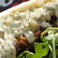 Italian Philly Cheesesteak (8 Inches) · 5 oz of Steak, pepperoni, sauteed peppers, sauteed onions, mushrooms, pesto mayo, provolone ...