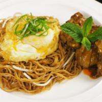 Curry Chicken Tossed Noodle · Curry boneless chicken thigh, signature thin noodle, spring onions, bean sprout, mint leaf, ...