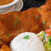 Chuleta CaleñA · Thinley pounded pork tenderloin lightly breaded and fried. Served with white rice, red beans...