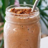 Nutty Me · Banana, almond butter, cocoa powder, almond milk, maca powder, dates. Topped with toasted al...
