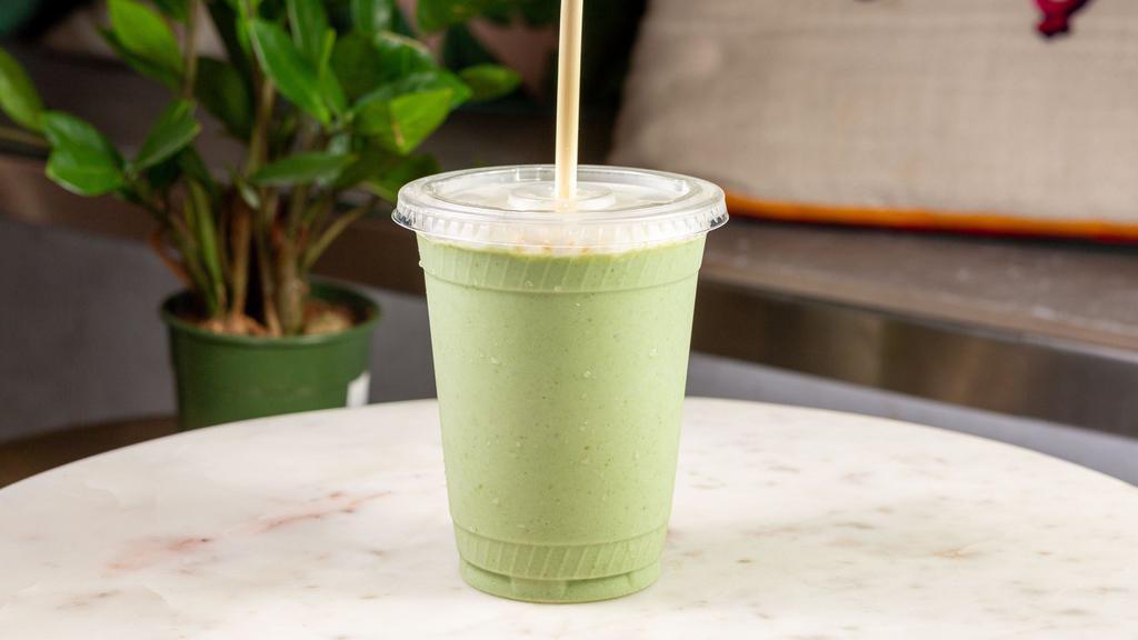 The Greener The Better · Banana, avocado, spinach, green apple, spirulina, maca powder, ginger. Topped with toasted coconut.