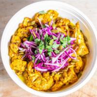 Lentil Bowl · Soy free, gluten free. Yellow and red dal slow-cooked, roasted cauliflower, lemon rice, curr...
