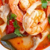Seafood Lemongrass Soup · Spicy. Fish mussel, shrimp, crab meat and mixed vegetable. Hot and spicy.