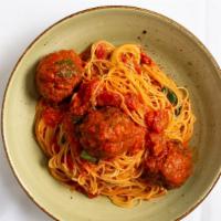 Spaghettini With Meatballs · San Marzano Tomato Basil Sauce , Veal, Parmesan & Ricotta Meatballs.