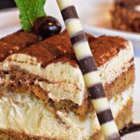Tiramisu · Pick Me Up” Dessert of Espresso Soaked Sponge Cake, Layered with Soft Brandied Mascarpone Ch...