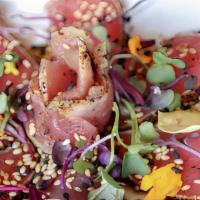 Tuna Tataki · Thin Tuna Slices, Covered on Togarashi and Pepper, Microgreens and Sesame Seeds accompanied ...