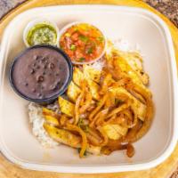 Grilled Chicken · Chicken breast w/ caramelized onions, white rice, black beans, vinaigrette and chimichurri