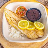 Grilled Fish · White fish, white rice, black beans and vinaigrette