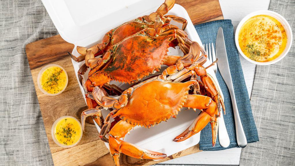 Boiled Crabs · 5 jumbo boiled crab and 1 cup garlic butter.