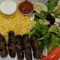 Kufta Kabob Plate · Charbroiled ground sirloin seasoned with a special blend of herbs and spices. Served with ri...
