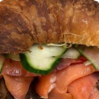 Lox On Croissant · Freshly baked giant croissant, Nova Lox, cream cheese, cucumber, tomatoes.