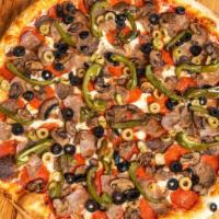 House Special · Green pepper, pepperoni, sausage, meatball, mushroom, black and green olives.
