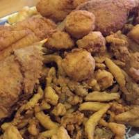 Seafood Platter For 2 · Includes hushpuppies and your choice of side.