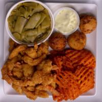 Seafood Platter For 1 · Includes hushpuppies and your choice of side.