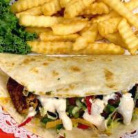 2 Piece Fish Tacos · With one side. Served with lettuce, tomato, pickle, onion, and your choice of either fries, ...
