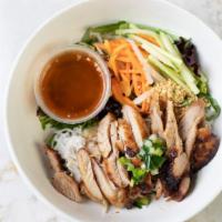 Chicken Bun · Grilled lemon grass chicken with a traditional sauce. Vermicelli noodles topped with crushed...